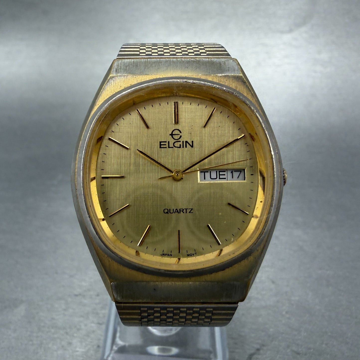 Elgin Watch Men 33mm Gold Dial Gold Tone Daydate Round New Battery  VTG0