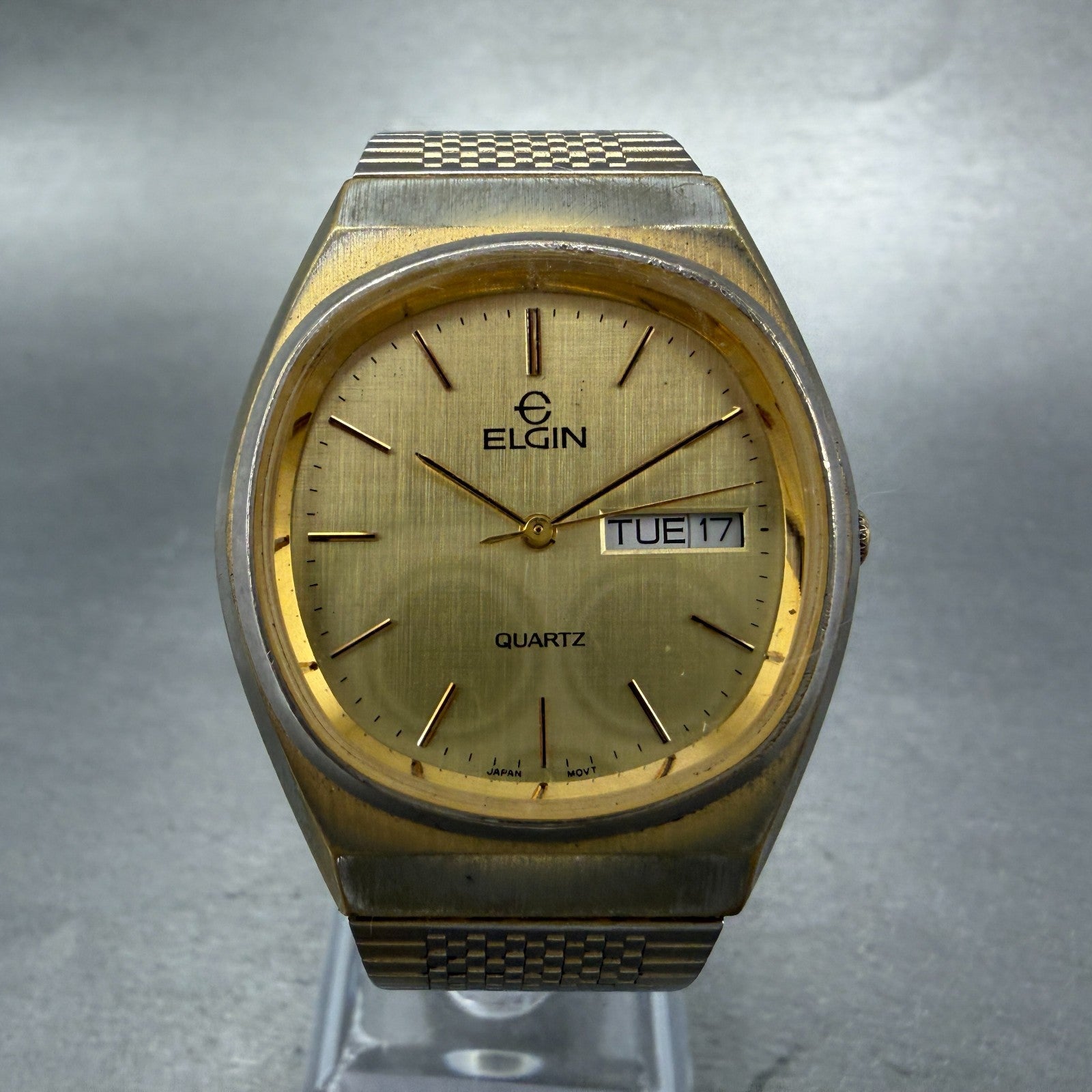 Elgin Watch Men 33mm Gold Dial Gold Tone Daydate Round New Battery  VTG0