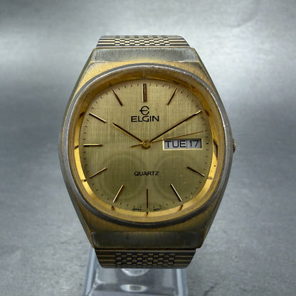 Elgin Watch Men 33mm Gold Dial Gold Tone Daydate Round New Battery  VTG0