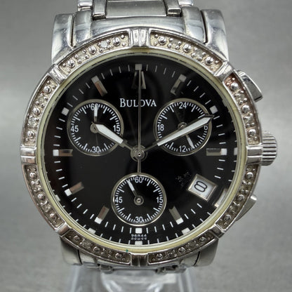 Bulova Chronograph Watch Women 30mm Black Dial Silver Tone 96R44 New Battery1