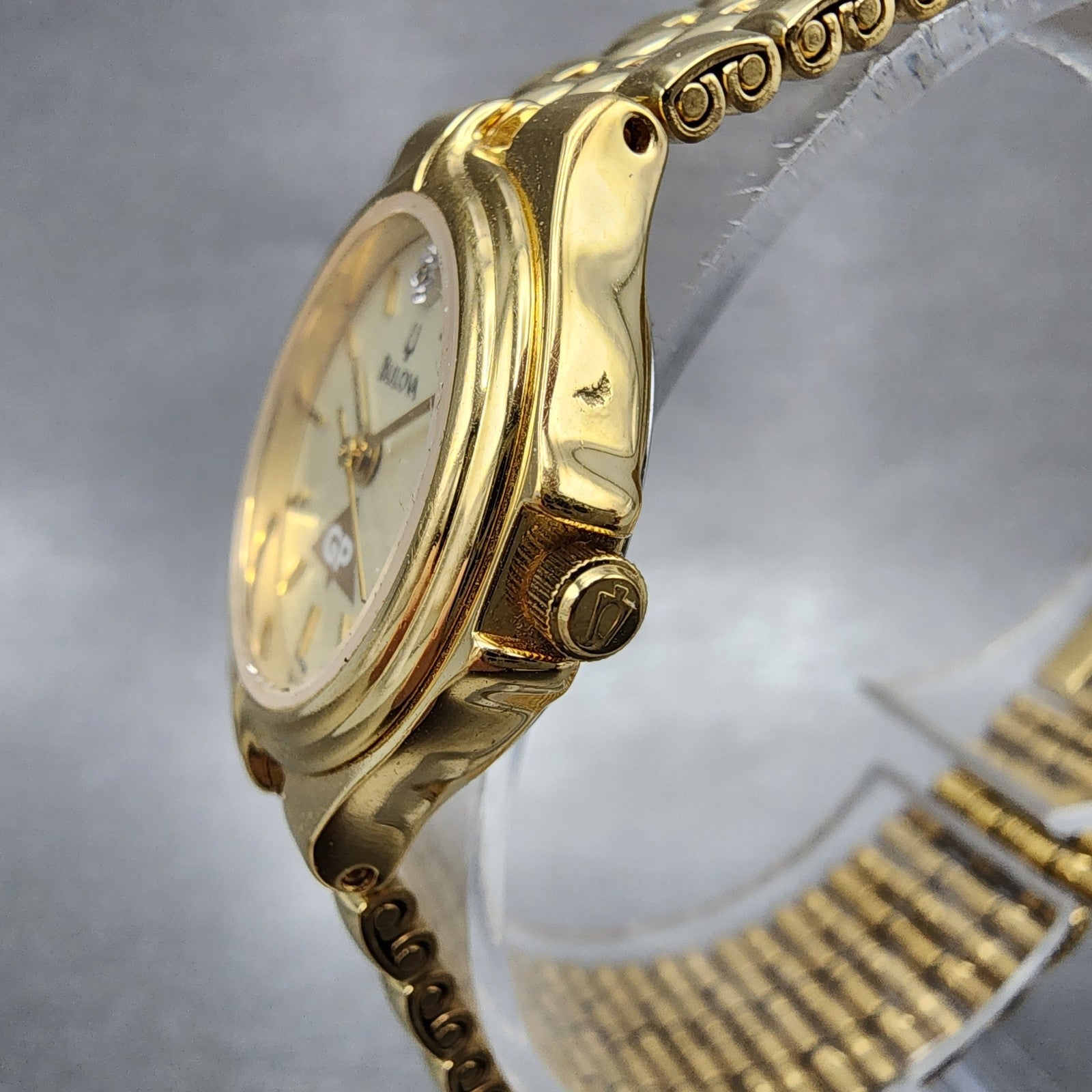 Bulova Watch Women 24mm Champagne Dial Gold Tone Date 97P28 New Battery Diamond2