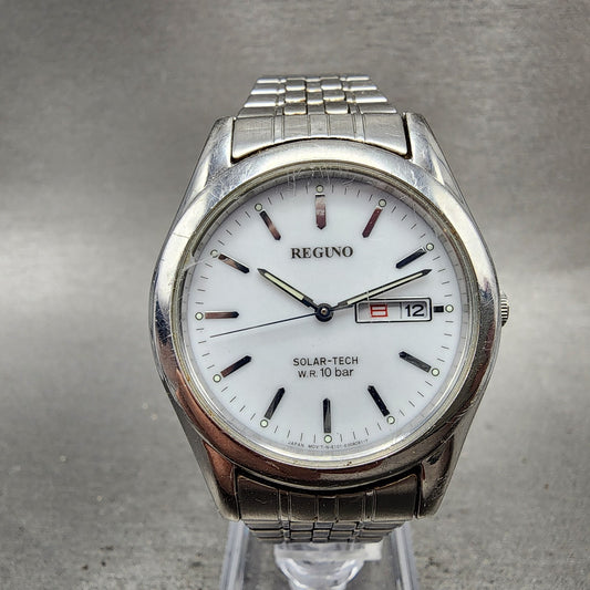 Citizen Reguno Solar Watch Men 36mm White Dial Silver Tone Daydate Round Runs0