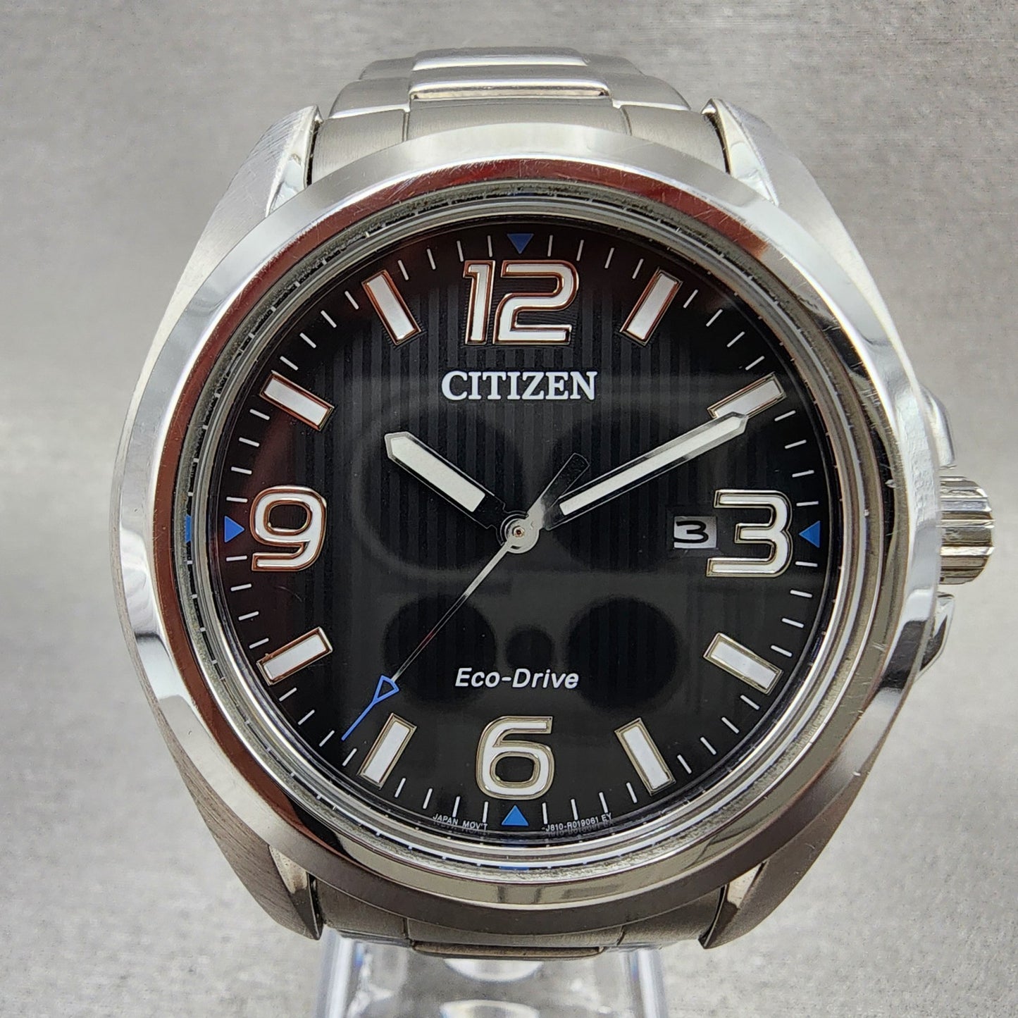 Citizen EcoDrive Watch Men 43mm Black Dial Silver Tone Date J810R006961 Runs3