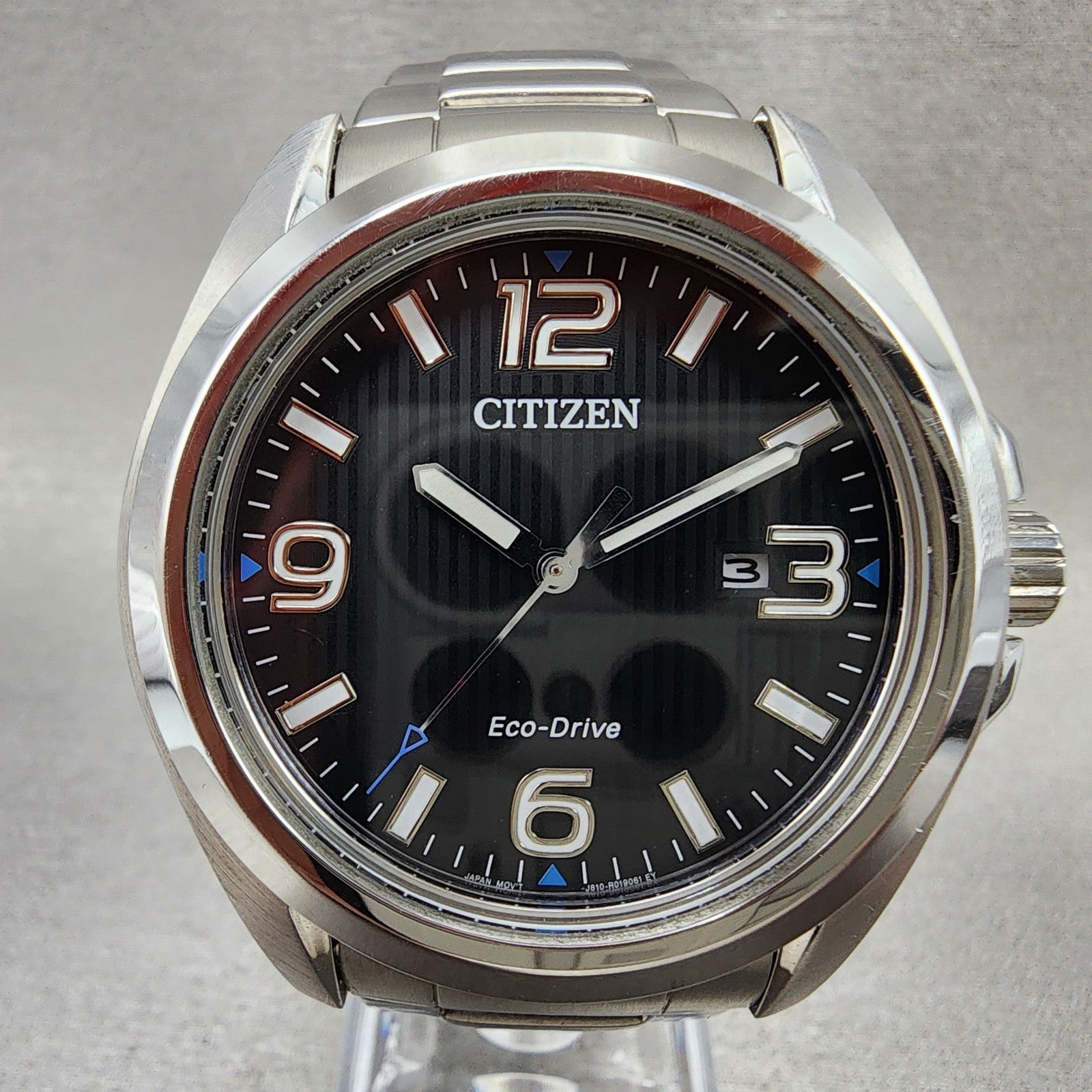 Citizen EcoDrive Watch Men 43mm Black Dial Silver Tone Date J810R006961 Runs3