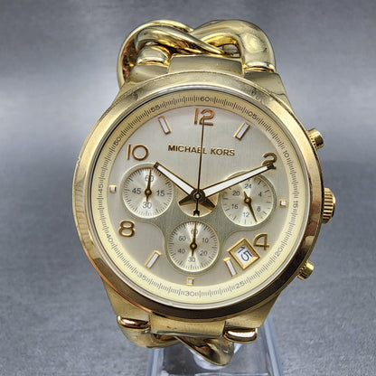 Michael Kors Runway Chronograph Watch Women 38mm Champagne Dial Gold New Batter0