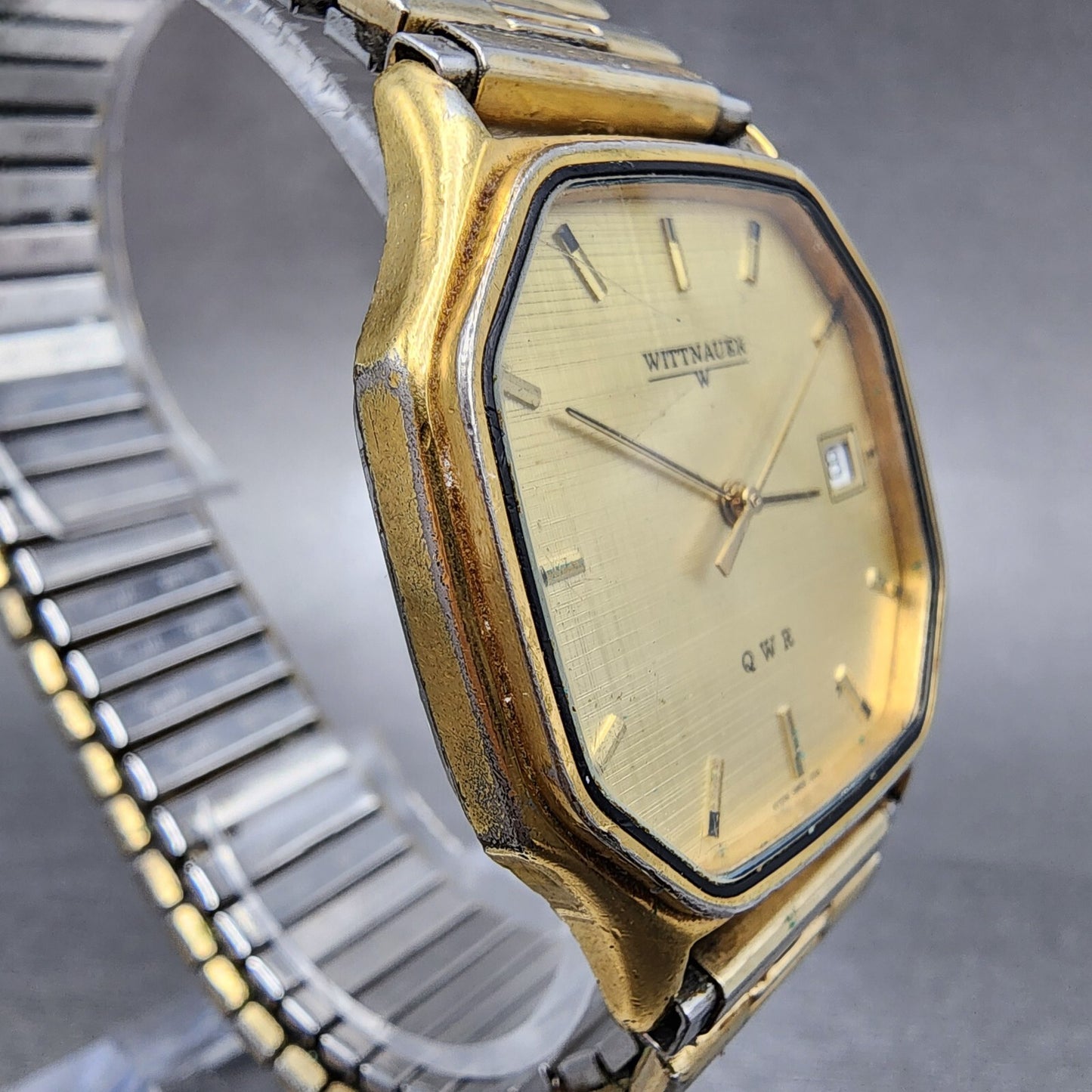 Wittnauer QWR Watch Men 33mm Champagne Dial Gold Tone Octagon Date 0255 PARTS4