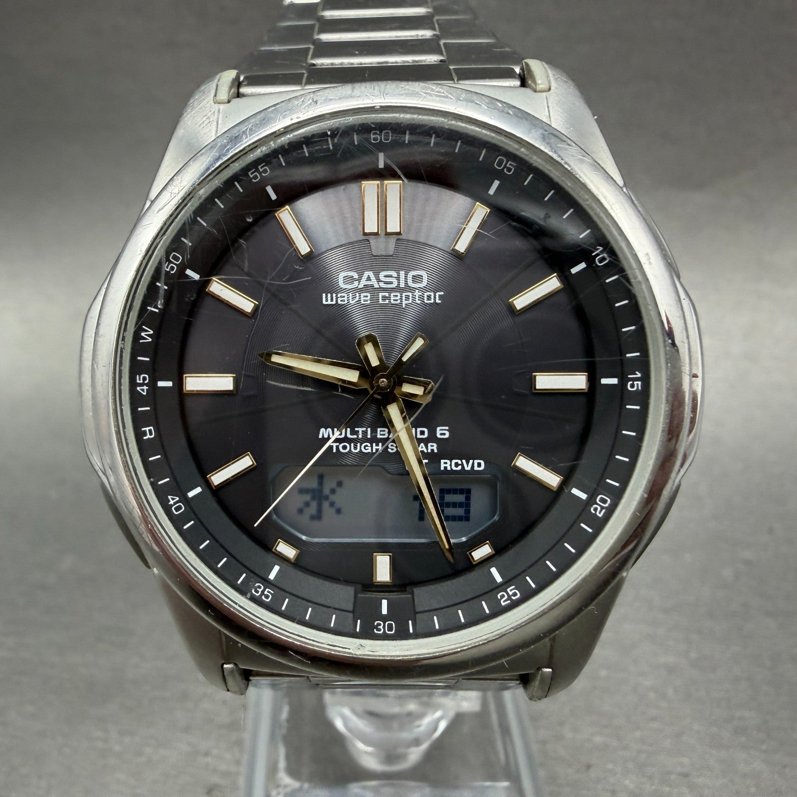 Casio Wave Ceptor  Watch Men 42mm Black Dial Steel Analog Digital Solar Runs ABL0