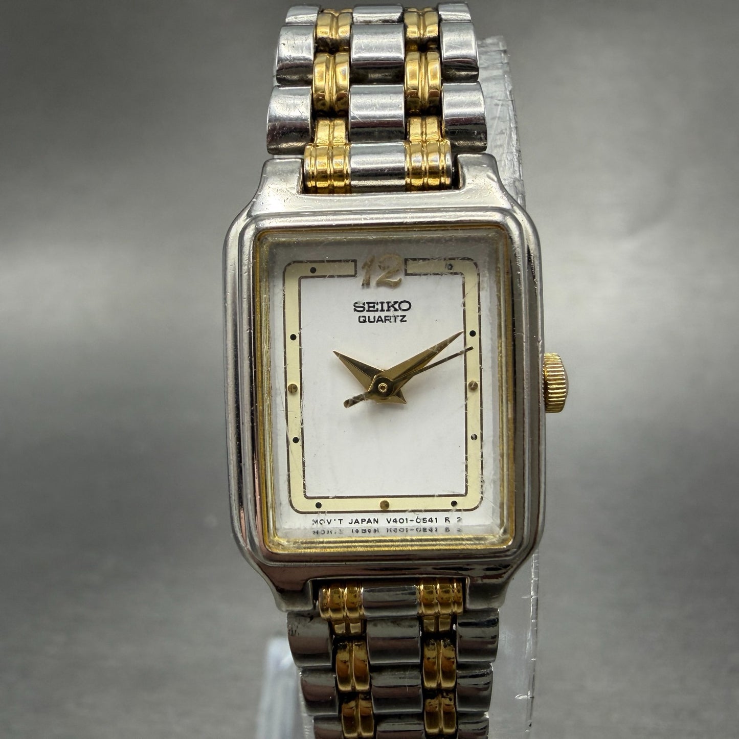 Seiko Tank Watch Women 18mm White Dial Two Tone Rectangle V401-5129 New Batt SQL0