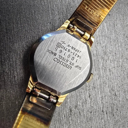 Seiko Watch Women 20mm Gold Dial Gold Tone Oval 1421-5710 New Battery Vintage10