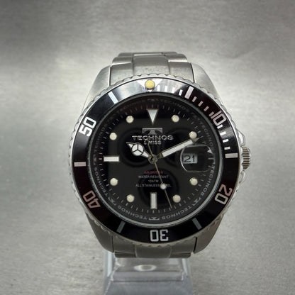 Technos Dive Watch Men 41mm Black Dial Silver Tone Round TAM629 New Battery BT50