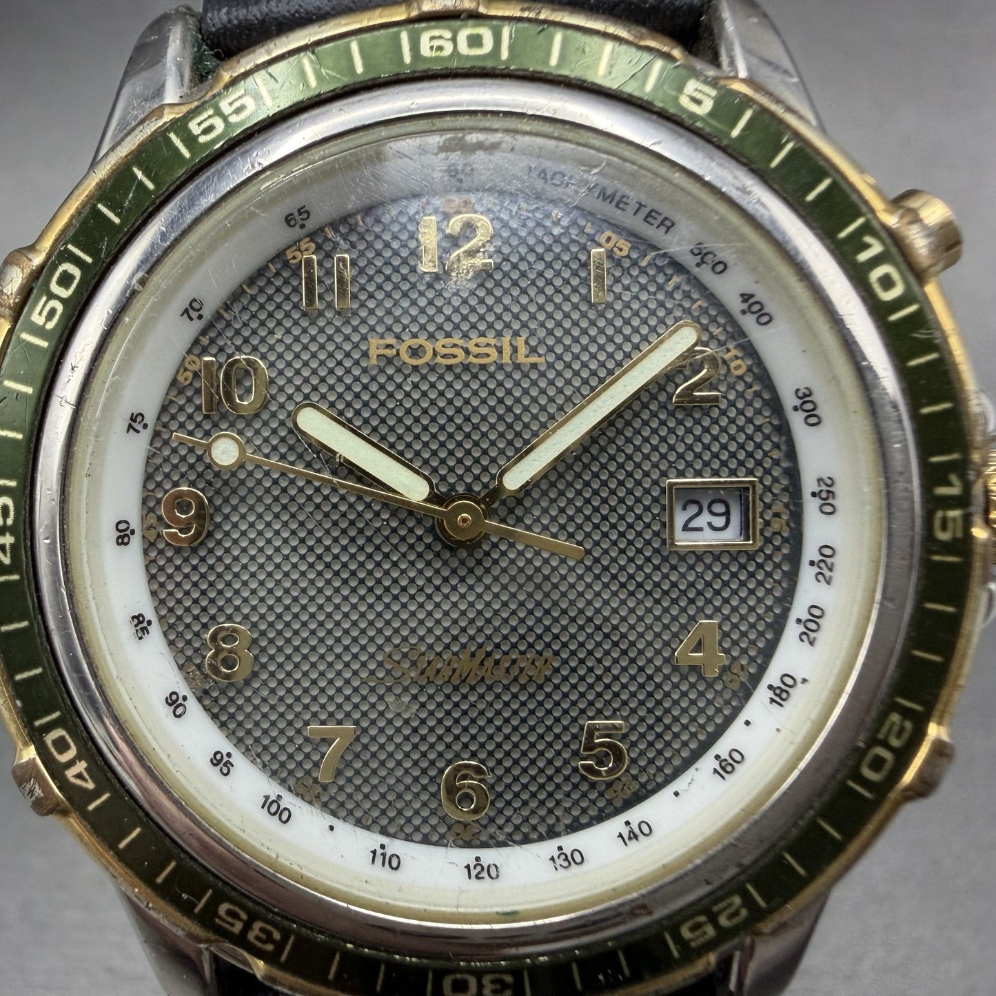 Fossil Star Master Watch Men 39mm Green Dial Silver Tone Date Backlight New Batt1