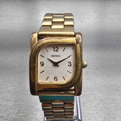 Seiko Watch Men 23mm White Dial Gold Tone Rectangle 4N00-6769 New Battery VTG0