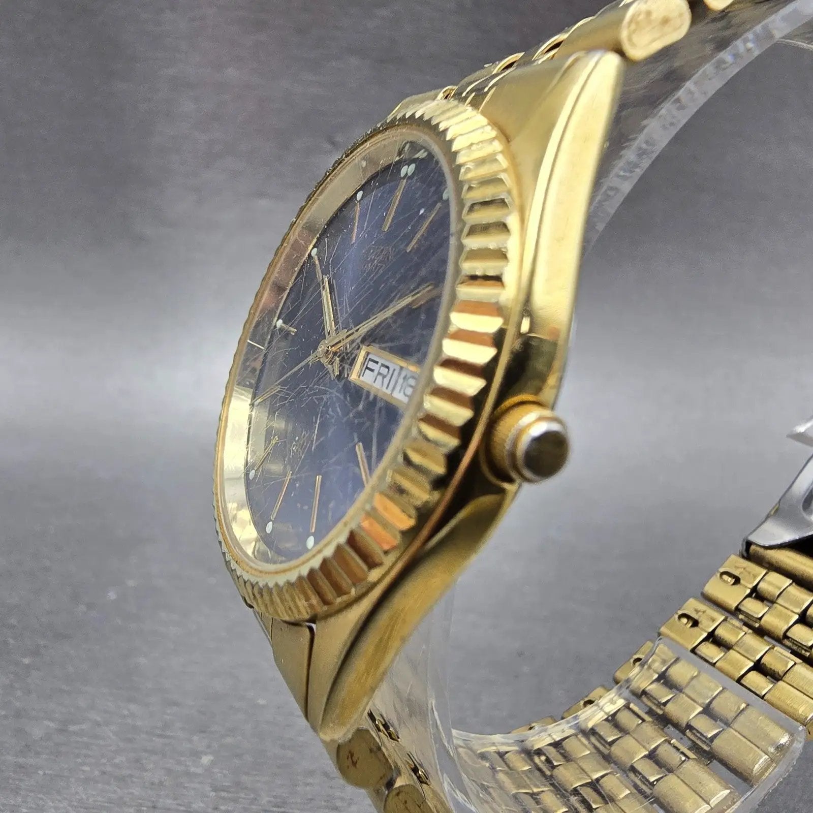 Citizen CQ President Watch Men 35mm Blue Gold Tone Daydate 1102-R12543 PARTS3