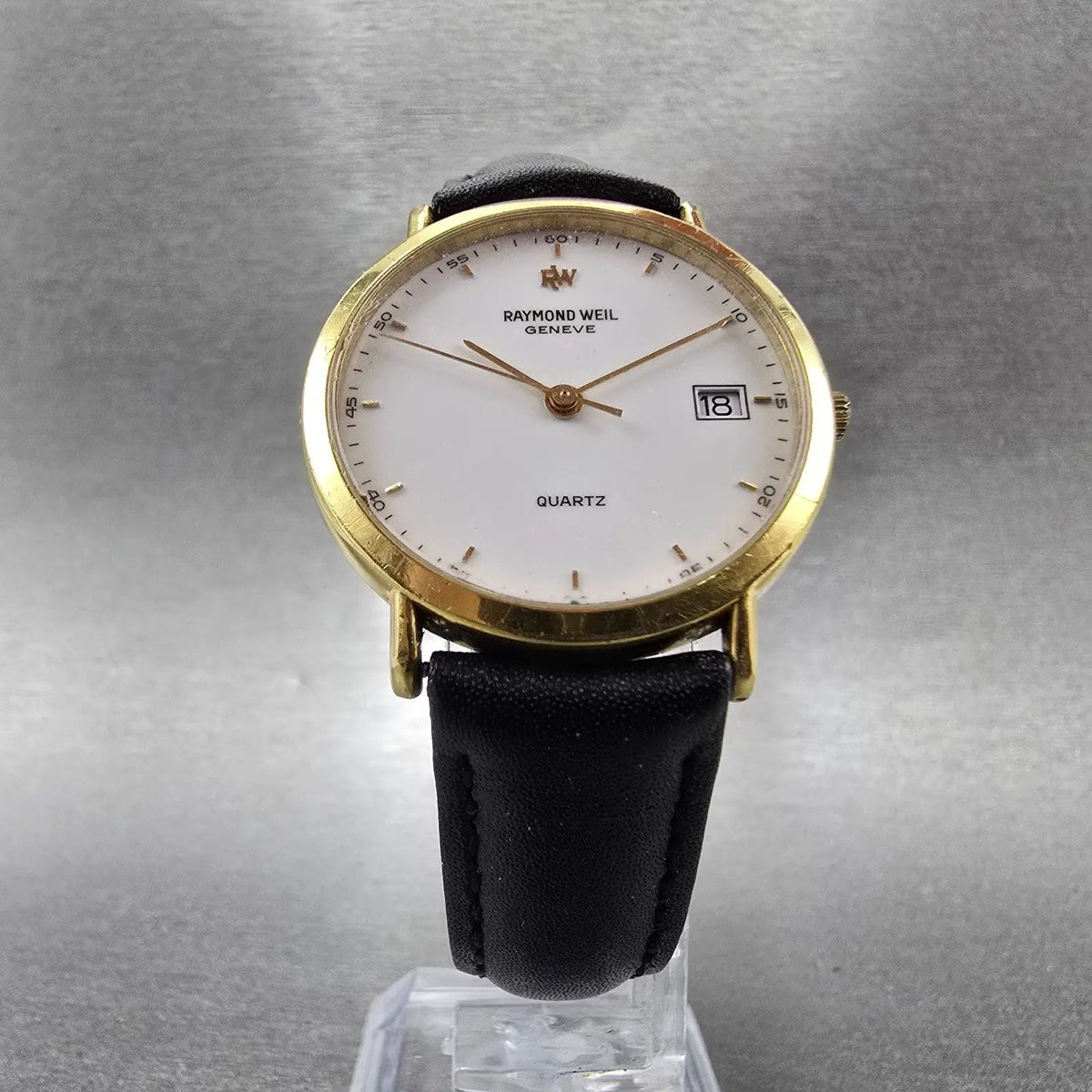 Raymond Weil Watch Men 31mm White Dial Gold Plated Date Round 5507-2 New Battery5