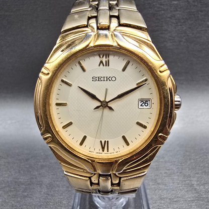Seiko Watch Men 36mm Cream Dial Gold Tone Date Round 7N42-6C10 New Battery JP0