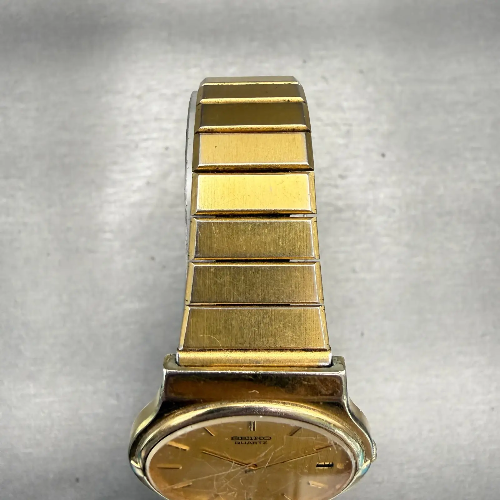 Seiko Watch Men 33mm Gold Dial Gold Tone Date Round 7439-7010 New Battery VTG4