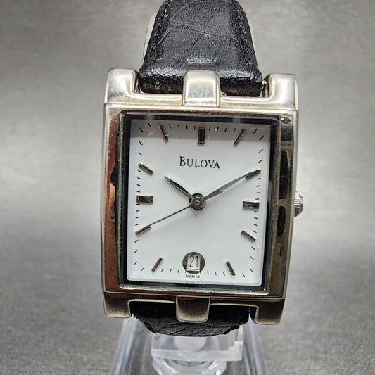 Bulova Tank Watch Women 21mm White Dial Silver Tone Date Rectangle New Battery