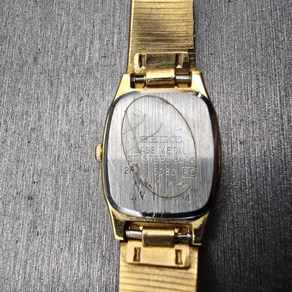 Seiko Watch Women 17mm Gold Dial Gold Tone Rectangle 2P21-5080 New Battery VTG10
