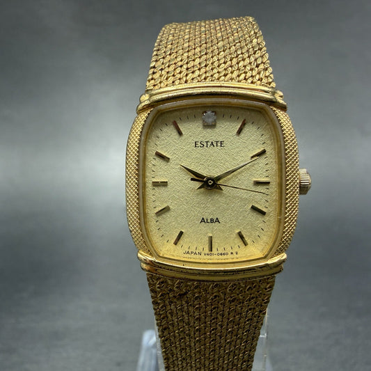 Seiko Alba Estate Tank Watch Women 19mm Champagne Dial Gold Tone New Battery0