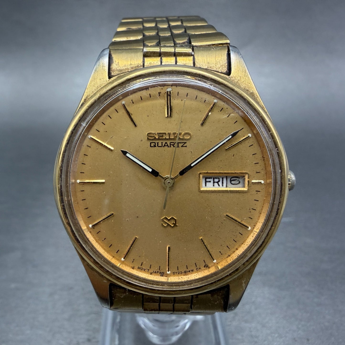 Seiko SQ Watch Men 35mm Champagne Dial Gold Tone Daydate 5y23-8049 New Battery B0