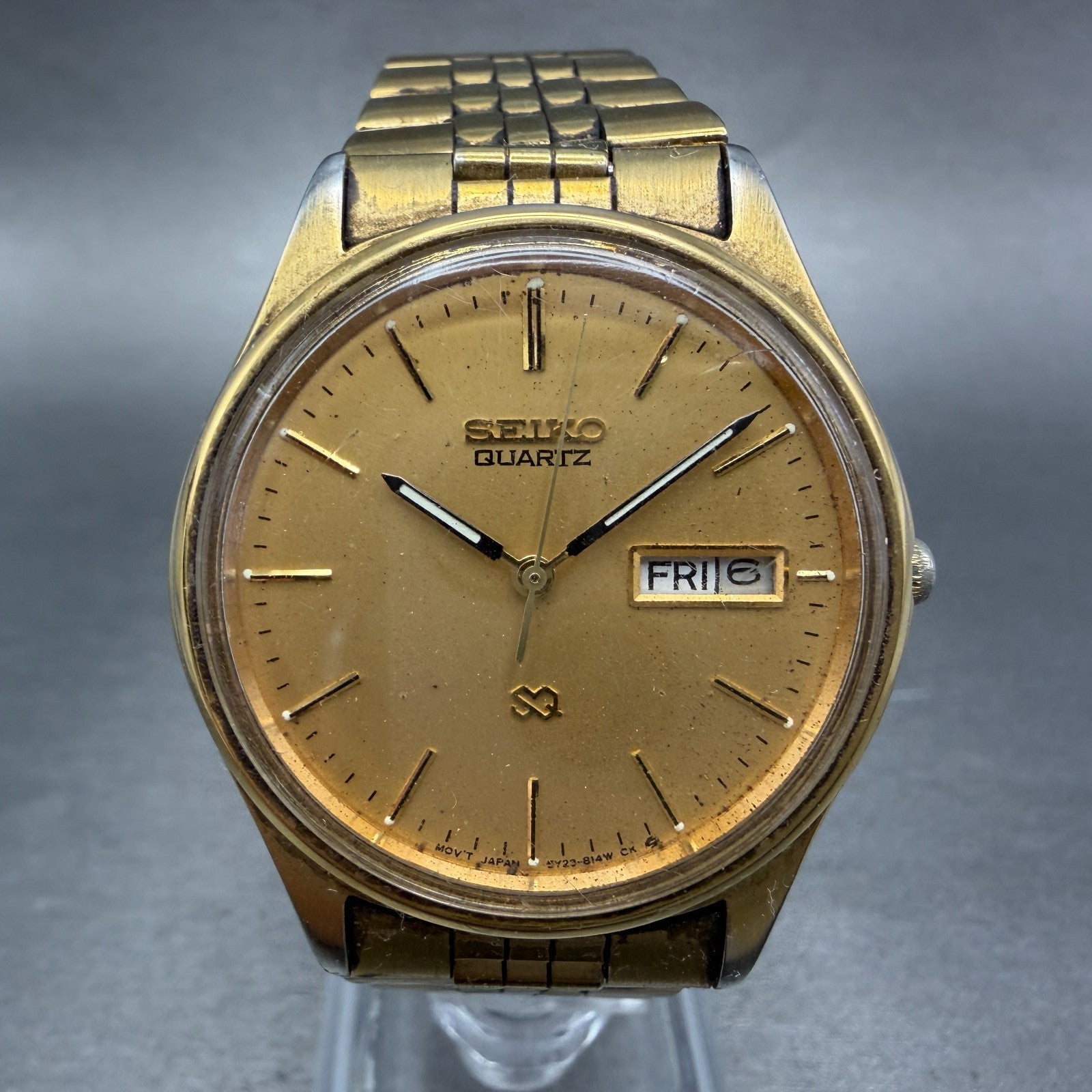Seiko SQ Watch Men 35mm Champagne Dial Gold Tone Daydate 5y23-8049 New Battery B0