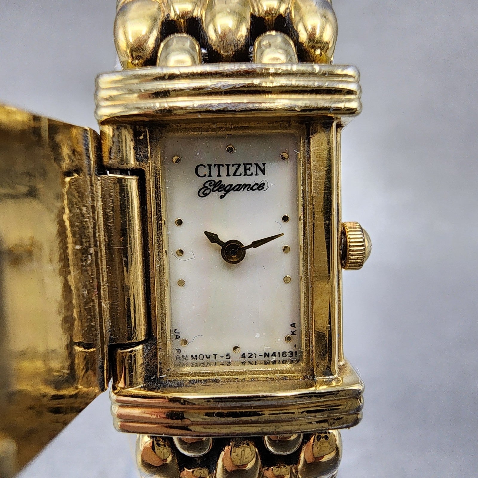 Citizen Elegance Tank Watch Women 14mm MOP Dial Gold Tone Flip Cover NewBattery1