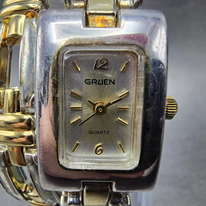 Gruen Tank Watch Women 18mm Silver Dial Two Tone Rectangle Wrap Around New Batt2