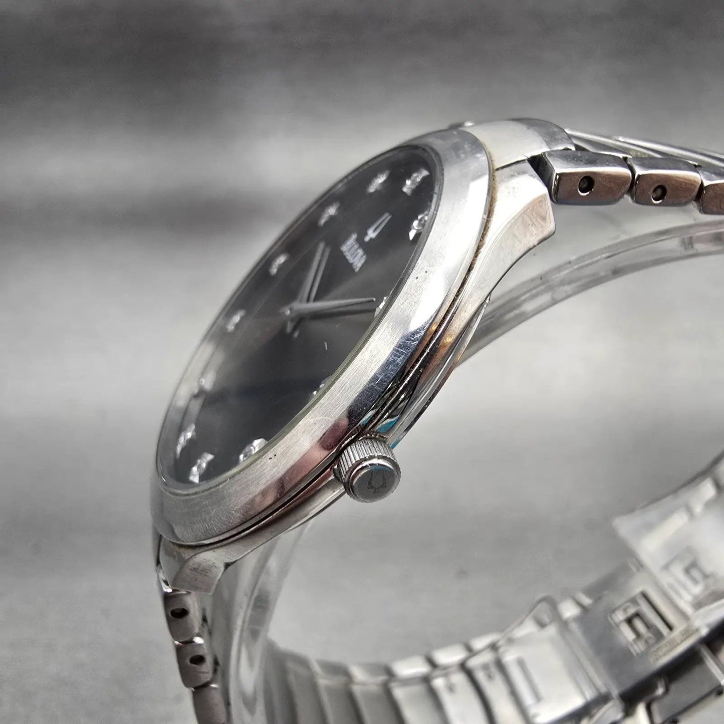 Bulova Watch Men 36mm Black Dial Silver Tone Gemmed Round 96D10 New Battery2