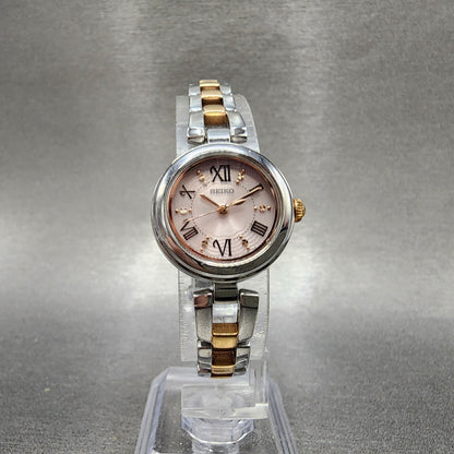 Seiko Solar Watch Women 23mm Pink Dial Two Tone Round V1170CV0 Runs5