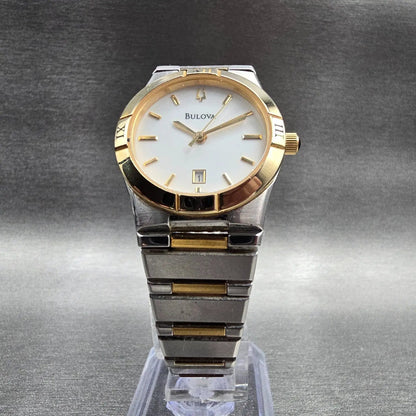 Bulova Watch Women 27mm White Dial Two Tone Date Round 98M002 New Battery5