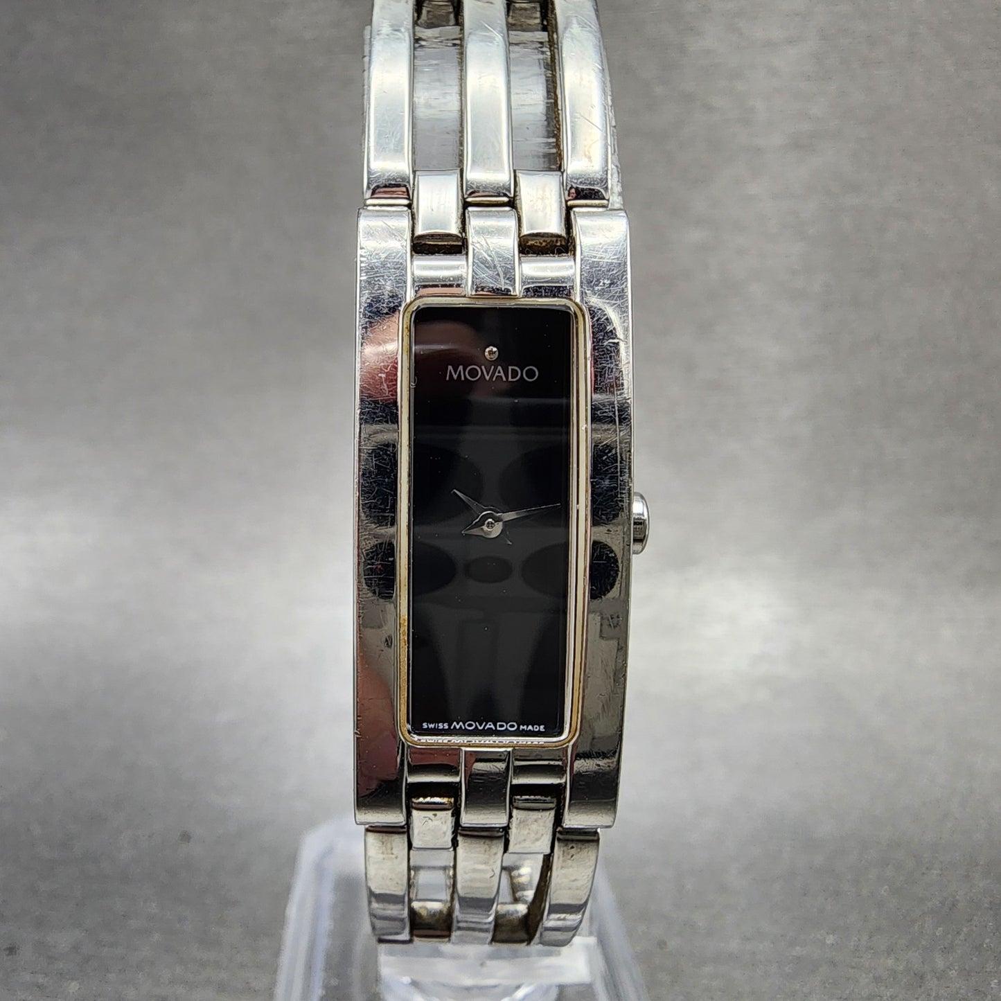 Movado Esperanza Tank Watch Women 14mm Black Dial Steel Rectangle New Battery0