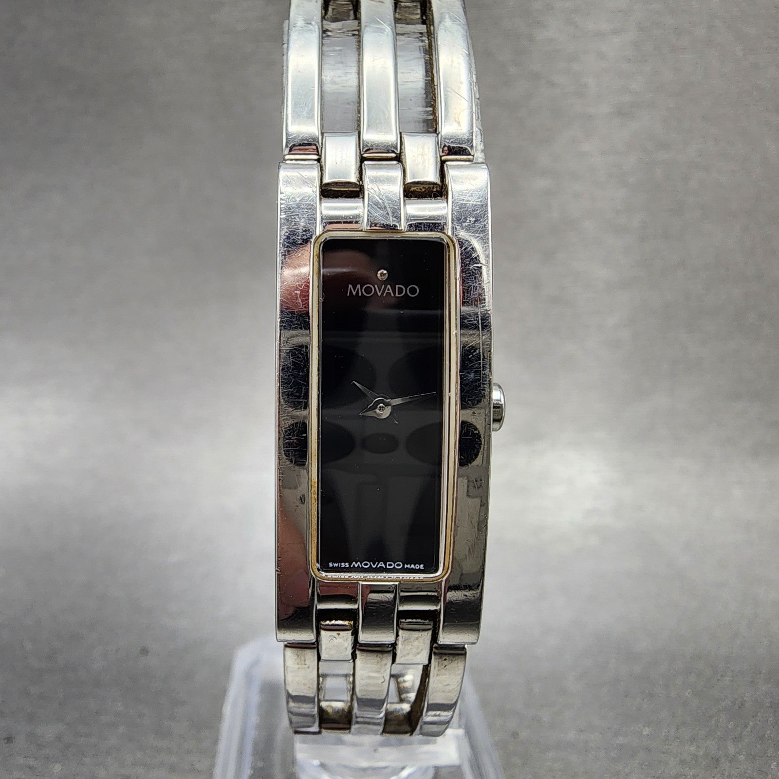 Movado Esperanza Tank Watch Women 14mm Black Dial Steel Rectangle New Battery0
