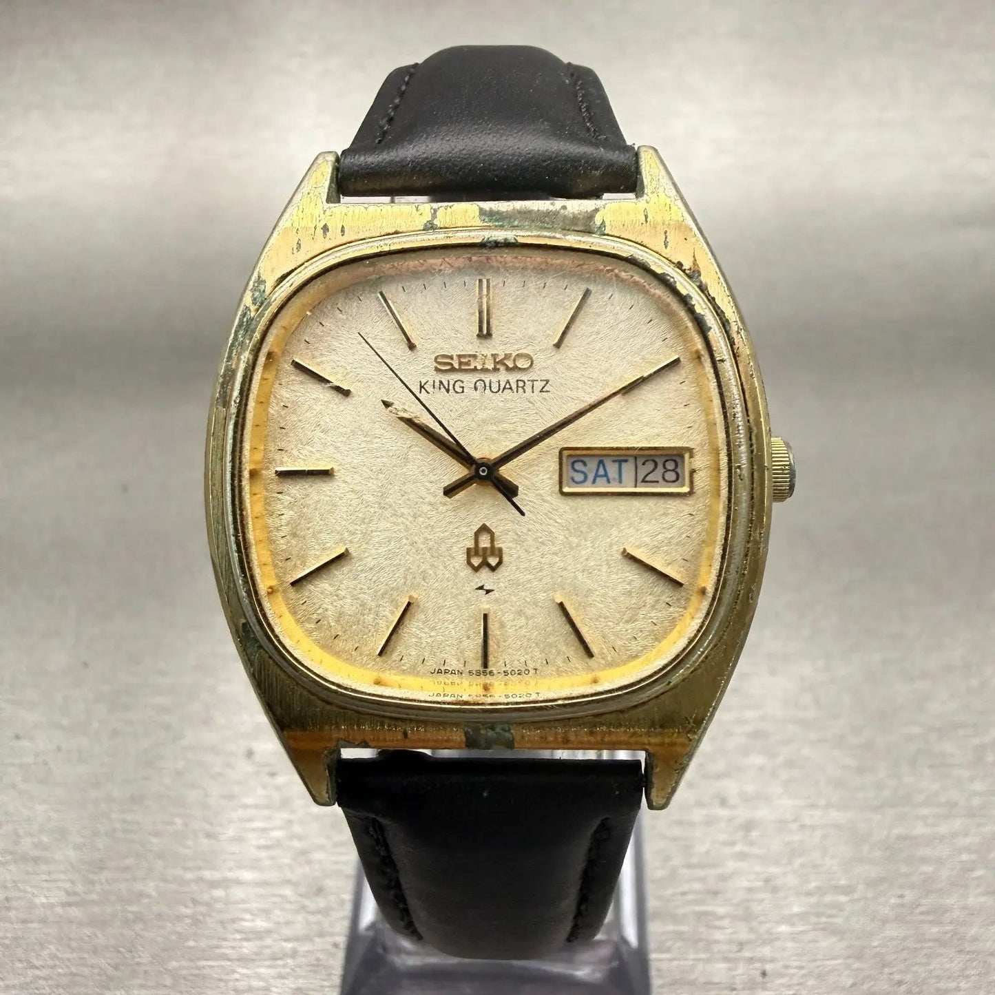 Seiko King Quartz Watch Men 34mm Champagne Dial Gold Daydate 5856-5020 New Batt0