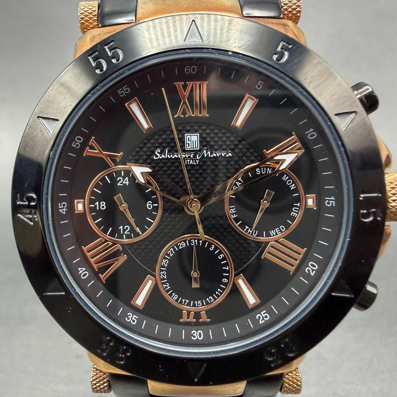 Salvatore Marra Watch Men 43mm Black Dial Rose Gold Daydate Round New Battery1