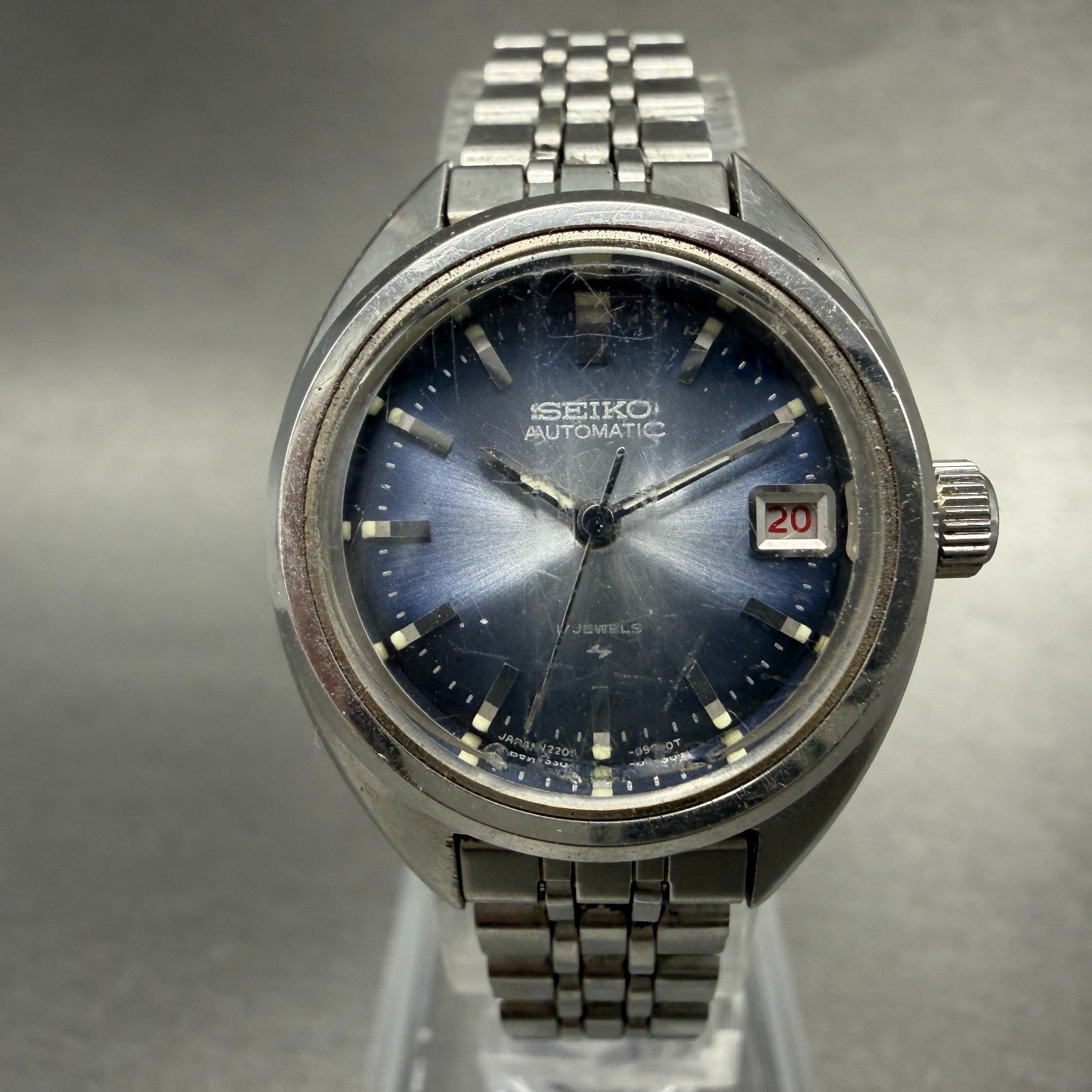 Seiko Automatic Watch Women 26mm Blue Dial Silver Tone Date 2205-0550 Runs0
