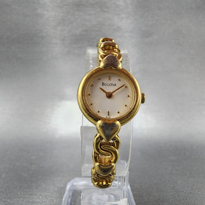 Bulova Heart Watch Women 18mm White Dial Gold Tone Round 97T41 New Battery5
