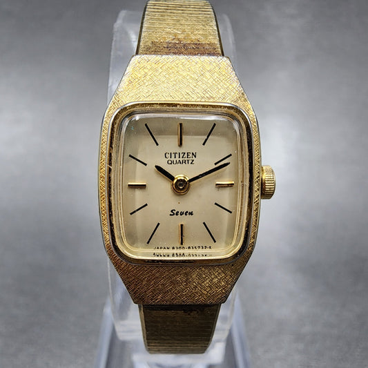 VTG Citizen Seven Watch Women 16mm Champagne Dial Gold Tone Rectangle New Batt