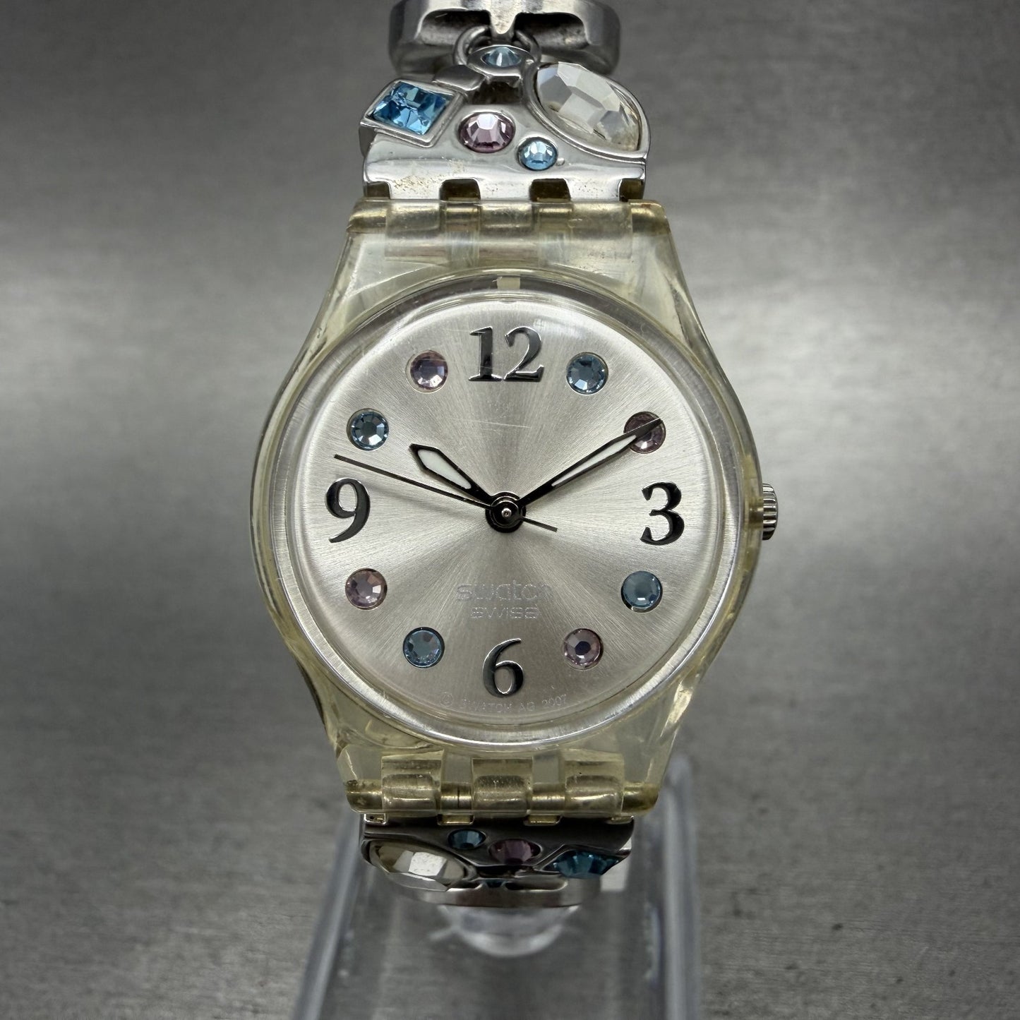 Swatch Menthol Tone Watch Women 25mm Silver Dial Clear Case Quartz LK292G NewBat0