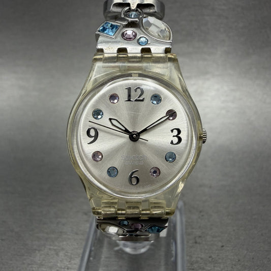 Swatch Menthol Tone Watch Women 25mm Silver Dial Clear Case Quartz LK292G NewBat0