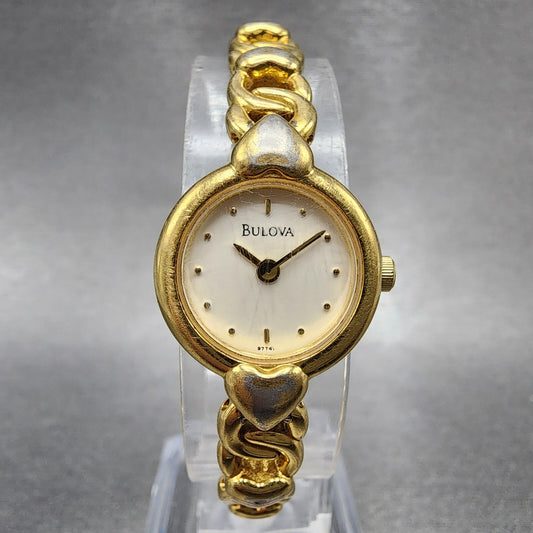 Bulova Heart Watch Women 18mm White Dial Gold Tone Round 97T41 New Battery0