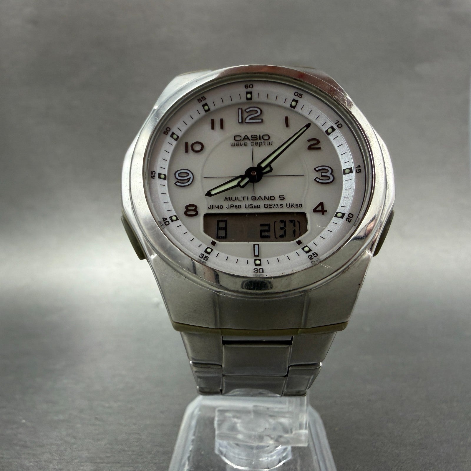 Casio Wave Ceptor Solar Watch Men 41mm White Dial Analog Digital Steel Runs KPO5