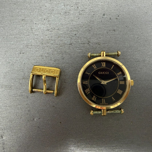 Gucci 2040M Watch Men 30mm Black Dial Gold Tone Round Roman Numerals New Battery0