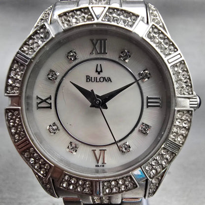 Bulova Watch Women 30mm MOP Dial Silver Tone Gemmed Round 96L116 New Battery F1