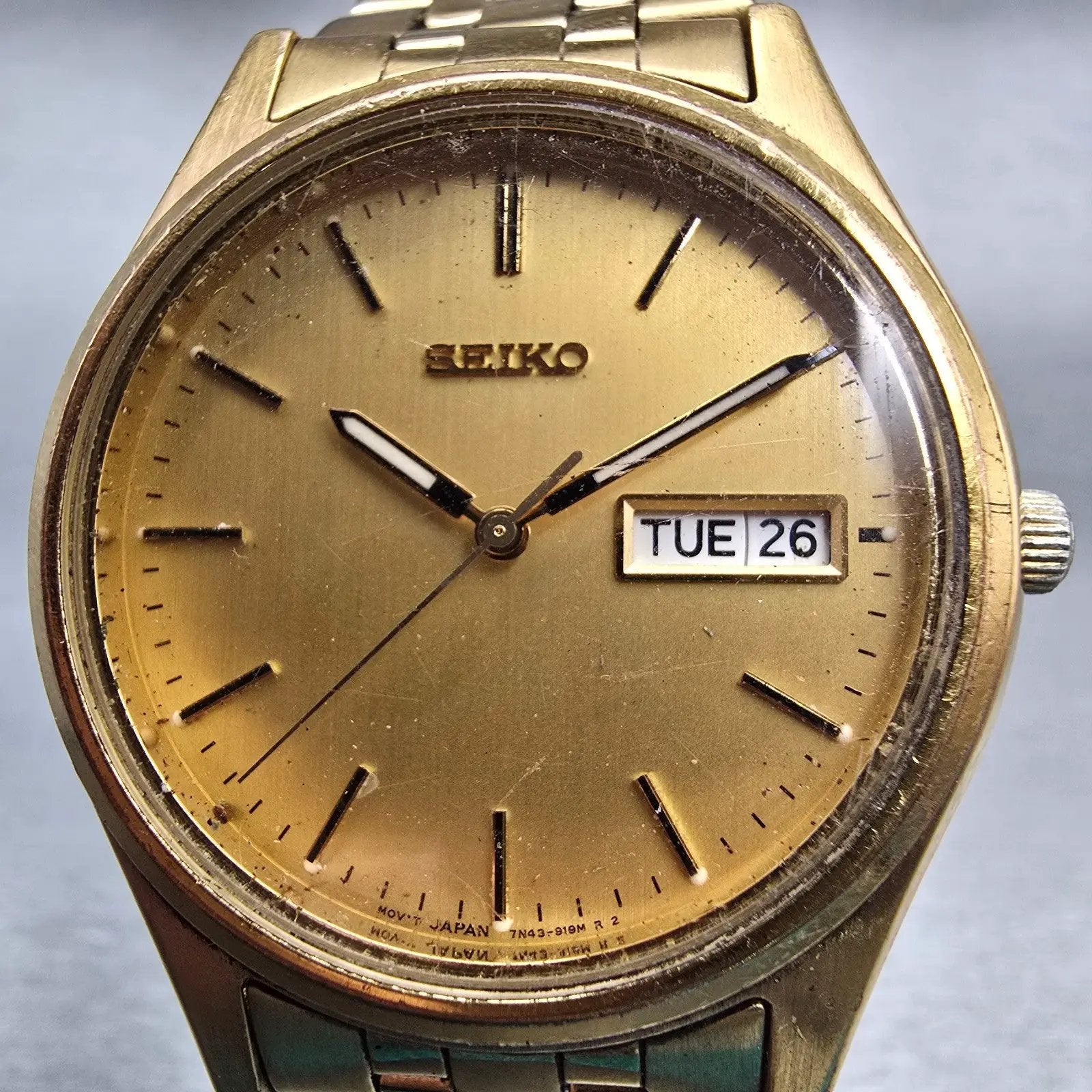 Seiko Watch Men 36mm Gold Dial Gold Tone Daydate Round 7N43-9048 New Battery VTG1