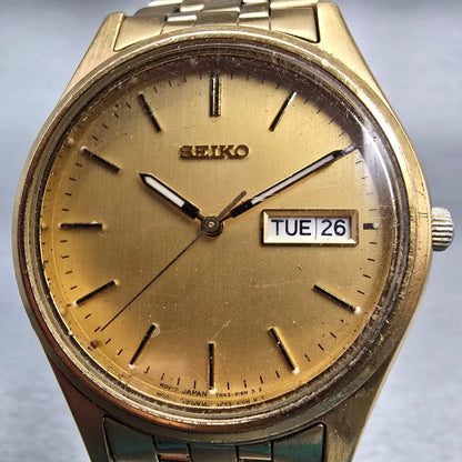 Seiko Watch Men 36mm Gold Dial Gold Tone Daydate Round 7N43-9048 New Battery VTG1