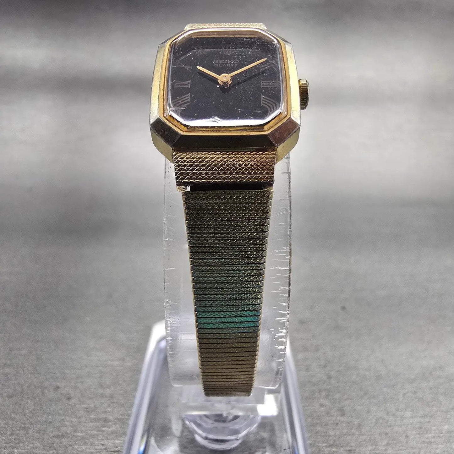 Seiko Watch Women 16mm Black Dial Gold Tone Rectangle 2B20-5019 New Battery VTG5