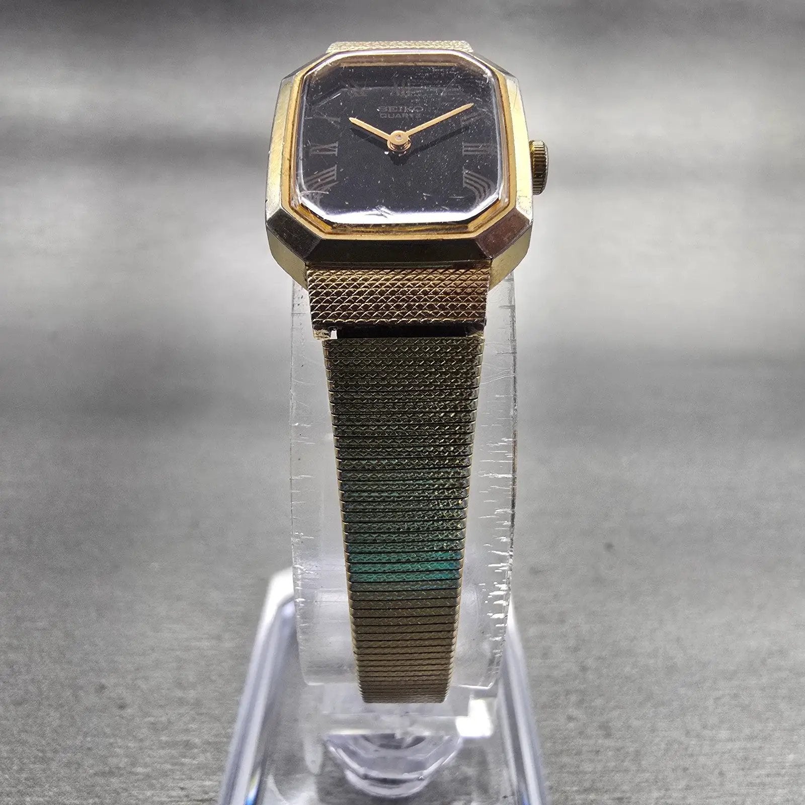 Seiko Watch Women 16mm Black Dial Gold Tone Rectangle 2B20-5019 New Battery VTG5
