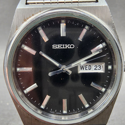 Seiko Watch Men 35mm Black Dial Silver Tone Daydate V743 New Battery READ!!!!!!!1