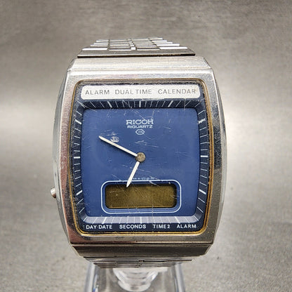 Ricoh Analog Digital Watch Men 33mm Blue Dial Steel Rectangle  PARTS0