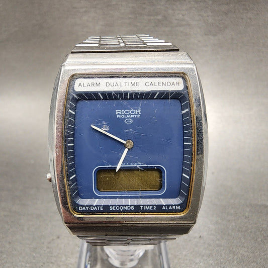Ricoh Analog Digital Watch Men 33mm Blue Dial Steel Rectangle  PARTS0